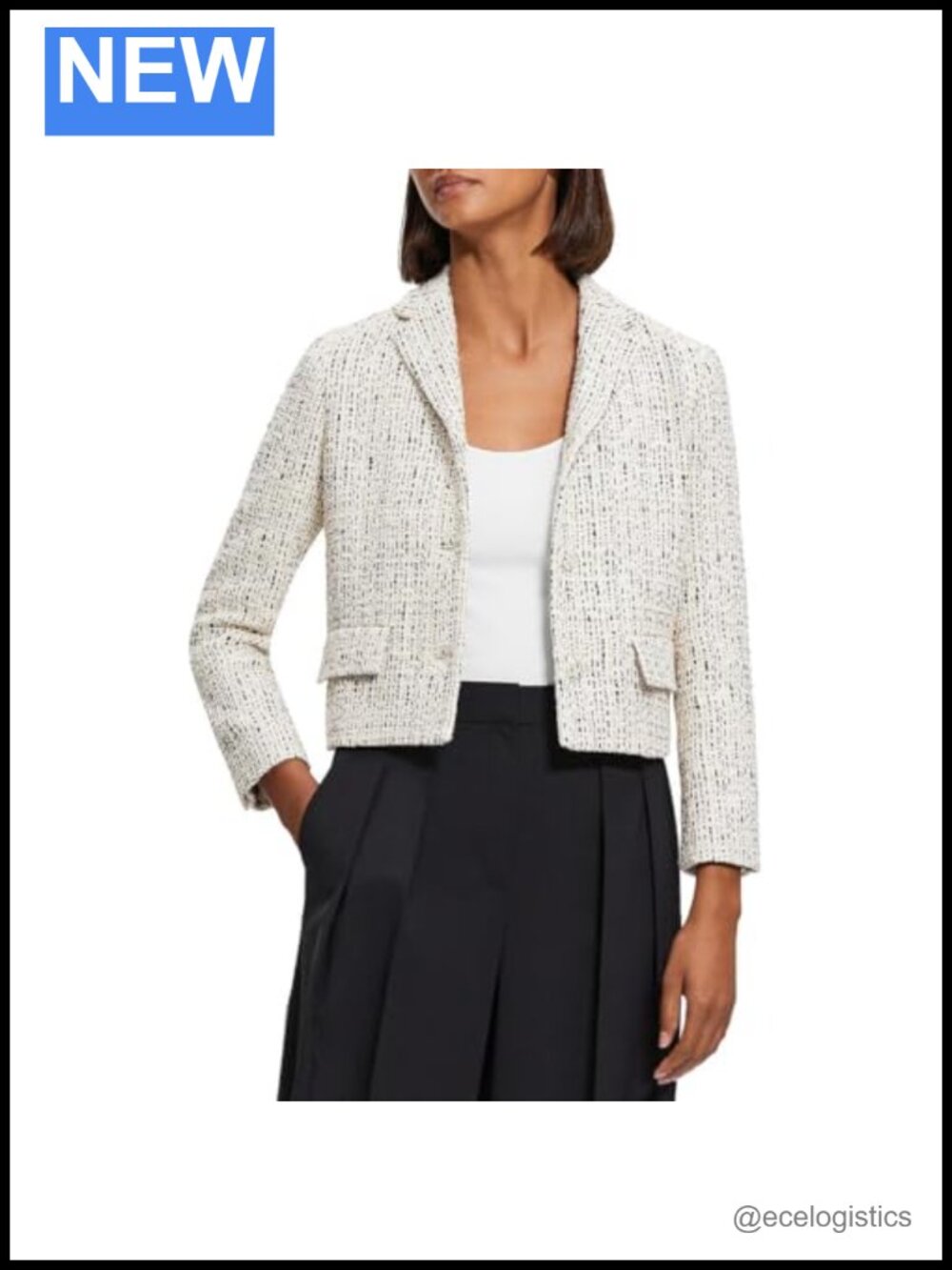 Theory Tweed Crop Jacket Women's Button Front Blazer Long Sleeve Ivory Multi